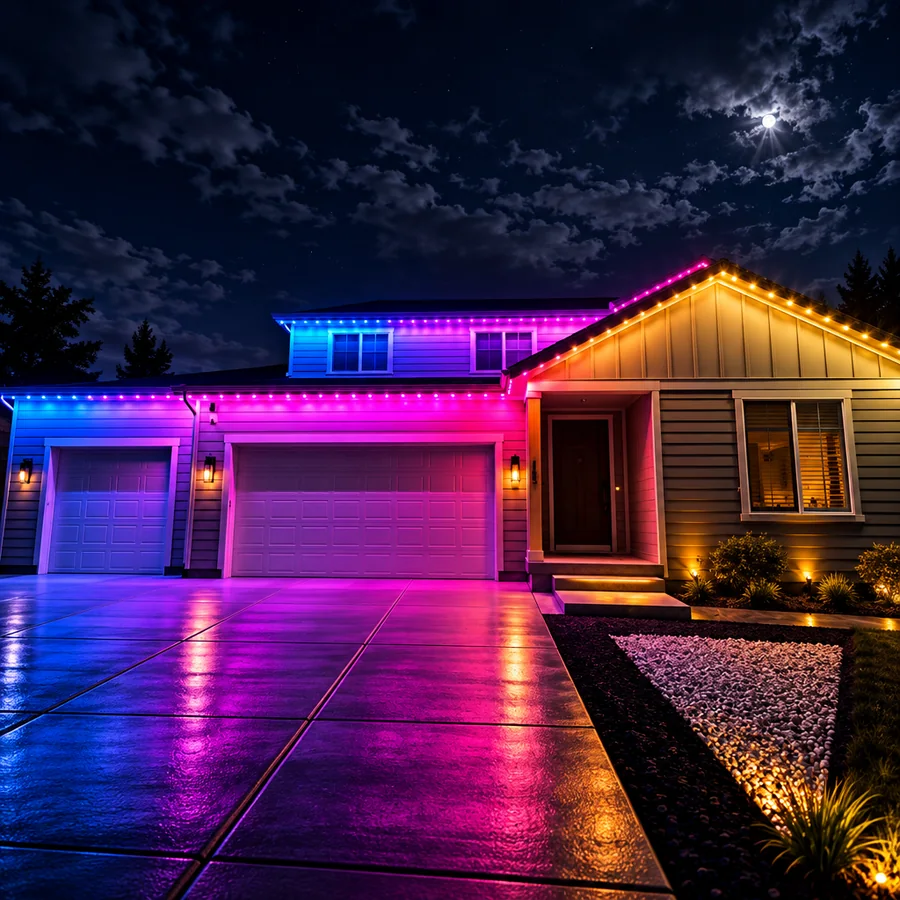 A home lit in team colors on game day