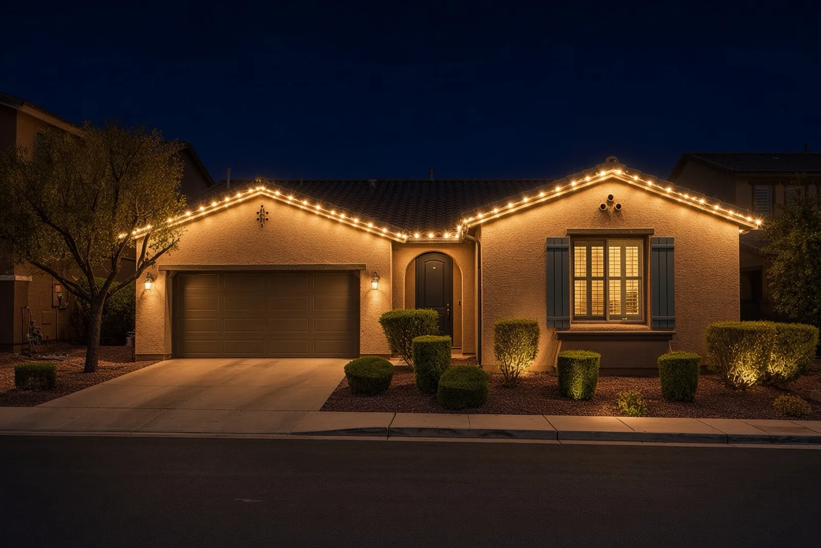 The same home after dark with warm white running the full eave line