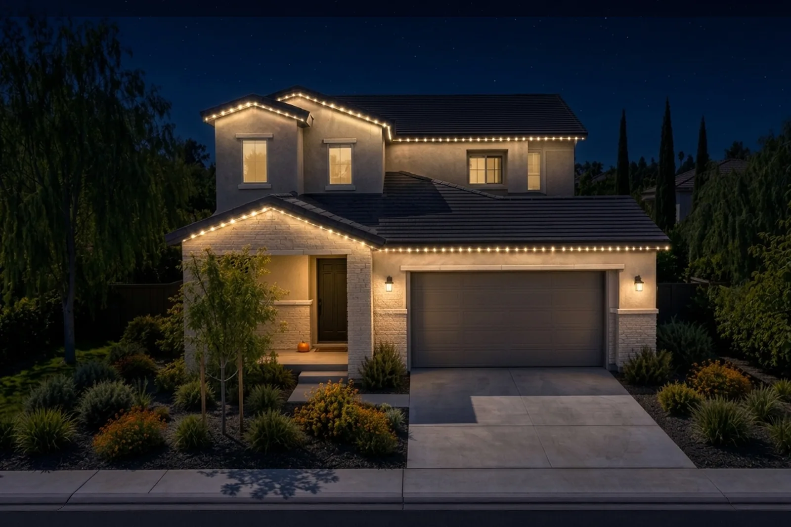 The same home after dark with the permanent roofline lighting running warm white