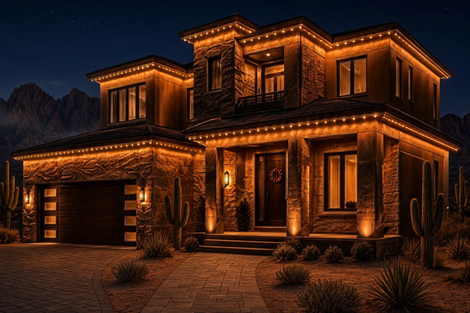 The same home at night with every architectural line picked out in warm white