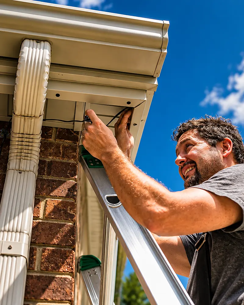 Close-up of the aluminum channel installed under the soffit, color matched to the trim