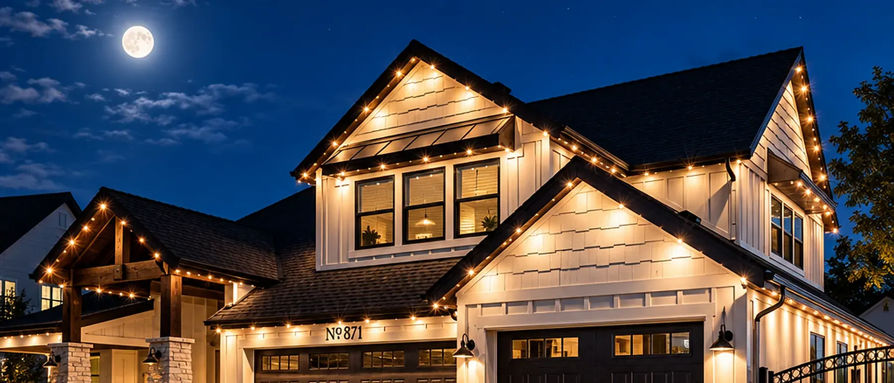 A LivSmart crew installing permanent lighting on a Las Vegas roofline